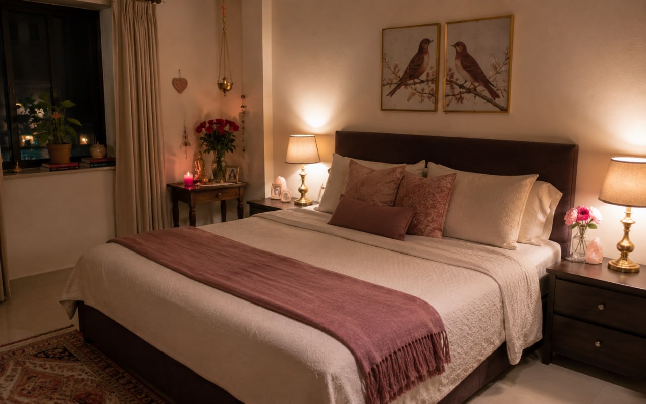 Beautifully transformed bedroom, paired bird art, matching nightstands, fresh roses, love altar